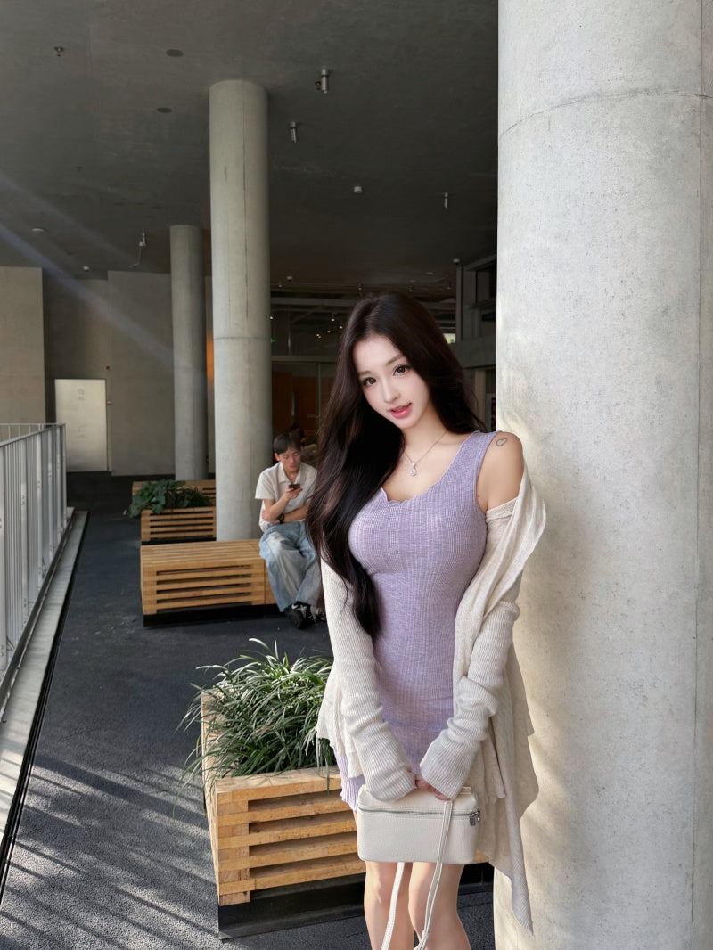 💕簡約百搭圓領吊帶收腰包臀連身裙+開衫