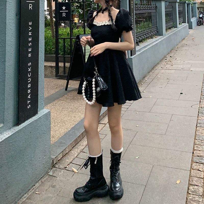 💕方領法式花邊露背蝴蝶結小個子澎澎短裙