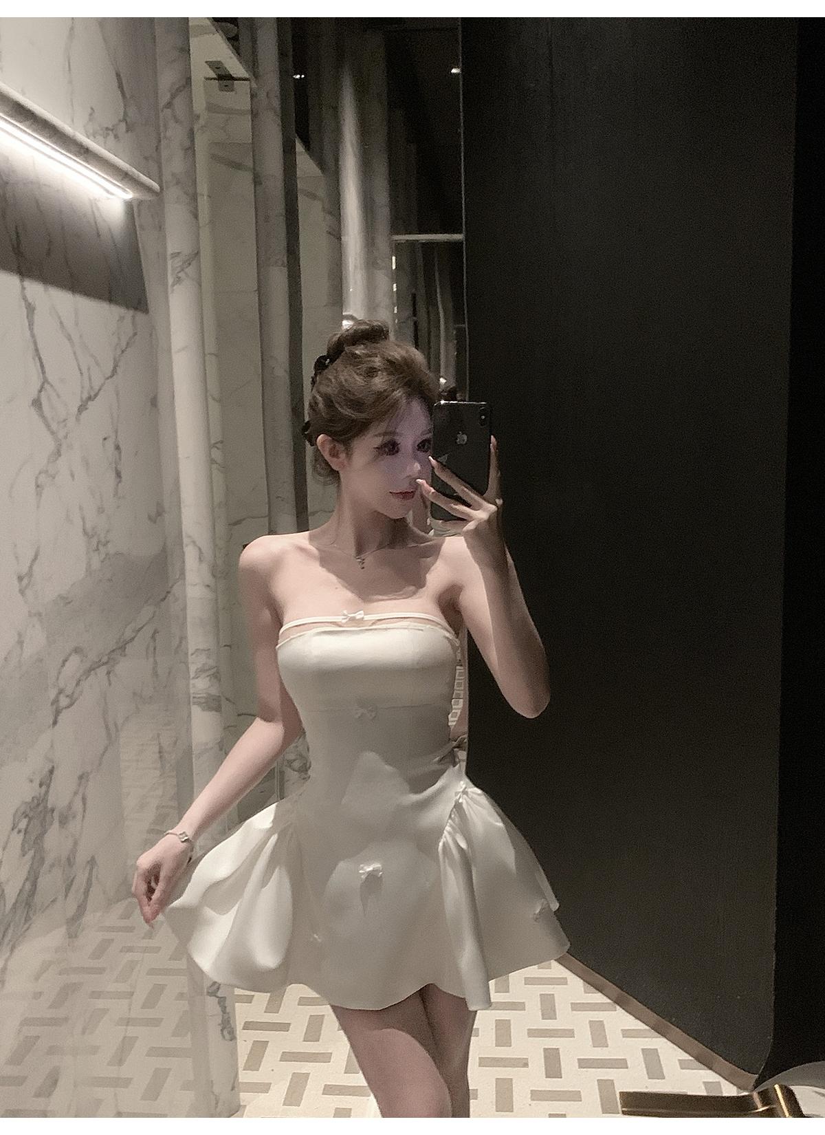 💕簡約氣質名媛緞面抹胸蝴蝶結連身裙