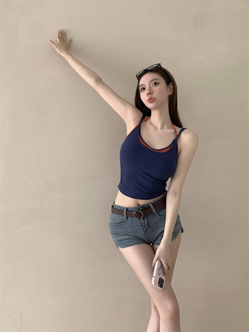 💕春夏熱辣假兩件帶胸墊吊帶背心