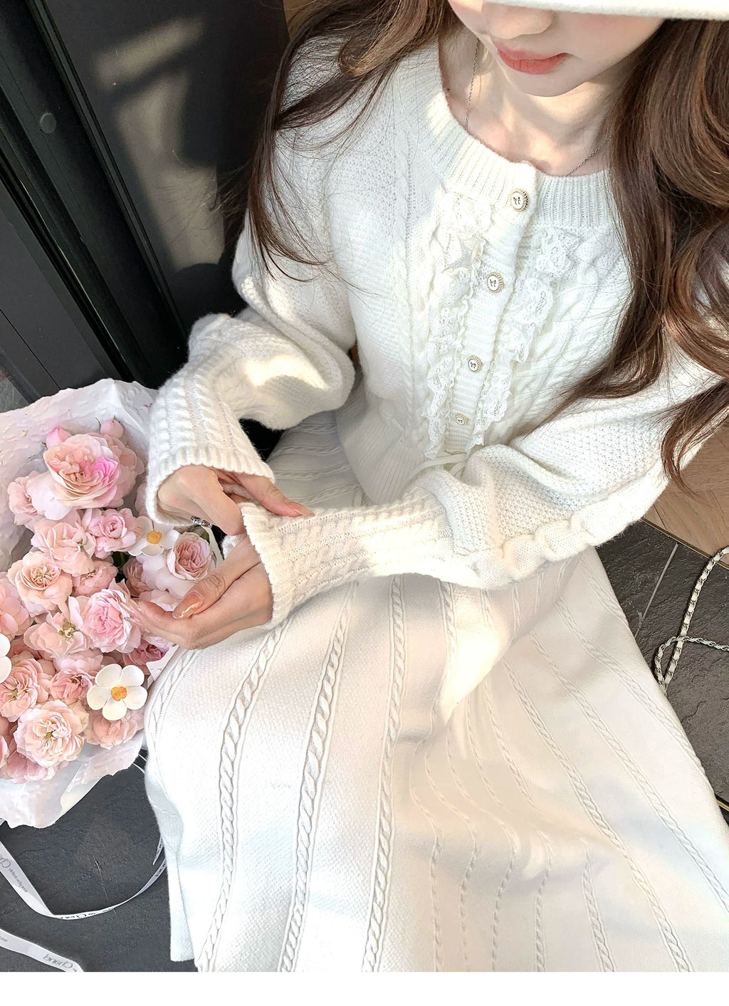 💕繁華勾花宮廷千金感花邊系帶毛衣外套