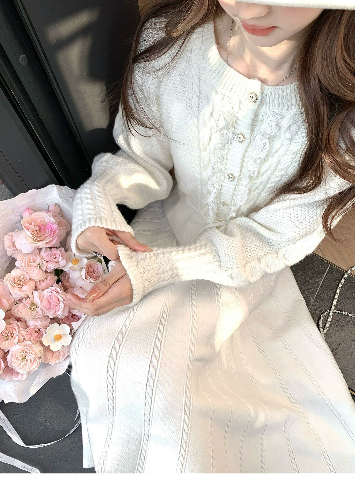 💕繁華勾花宮廷千金感花邊系帶毛衣外套