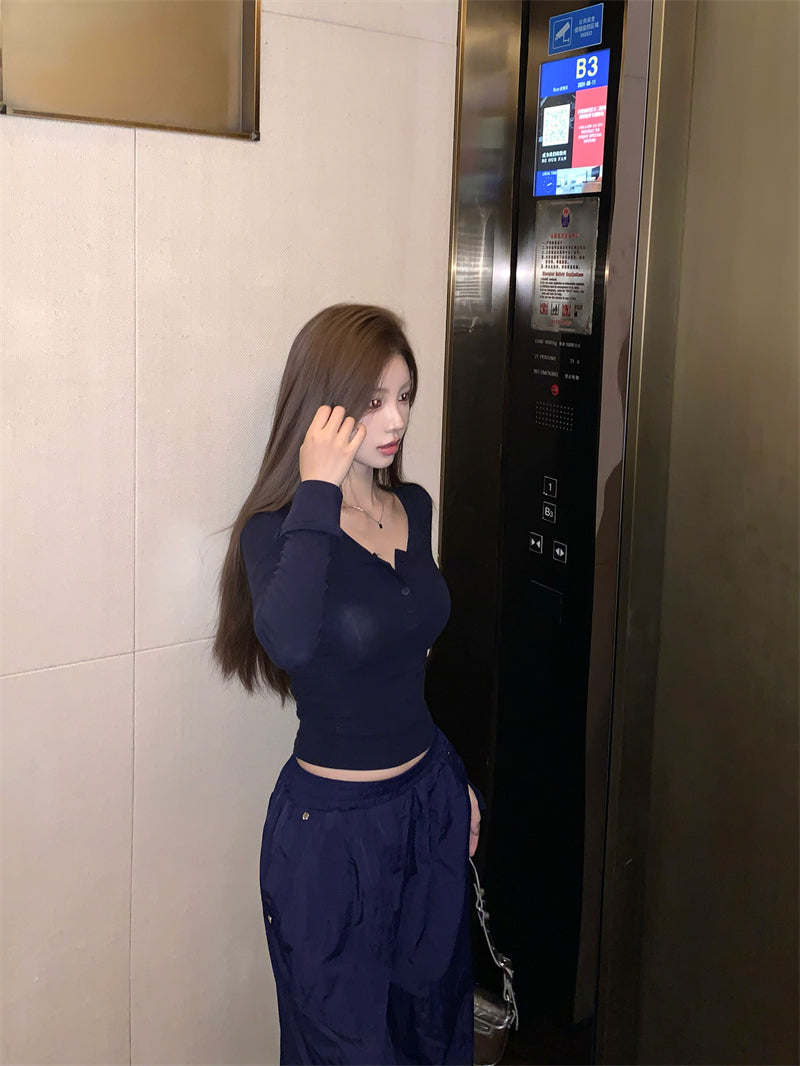 💕秋冬辣妹半高U領修身褶皺短磨毛內搭打底上衣