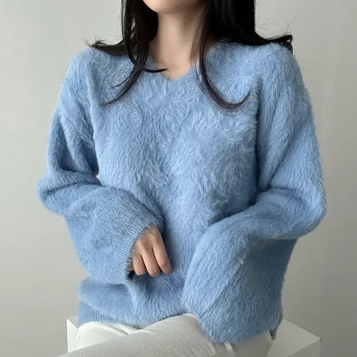 💕秋冬新款毛茸茸V領百搭毛衣上衣