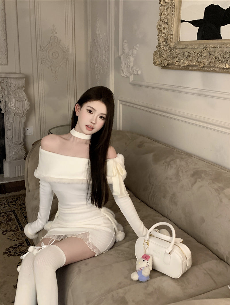 💕法式秋冬聖誕氣息掛脖毛邊包臀短裙