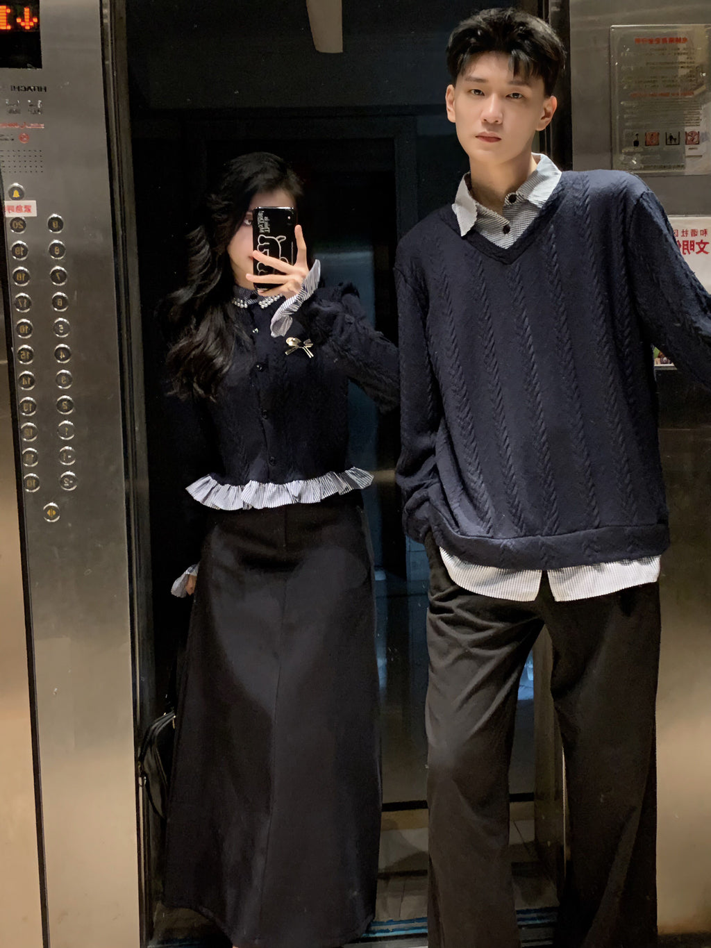 💕秋冬法式梨形長袖拼接假兩件情侶套裝