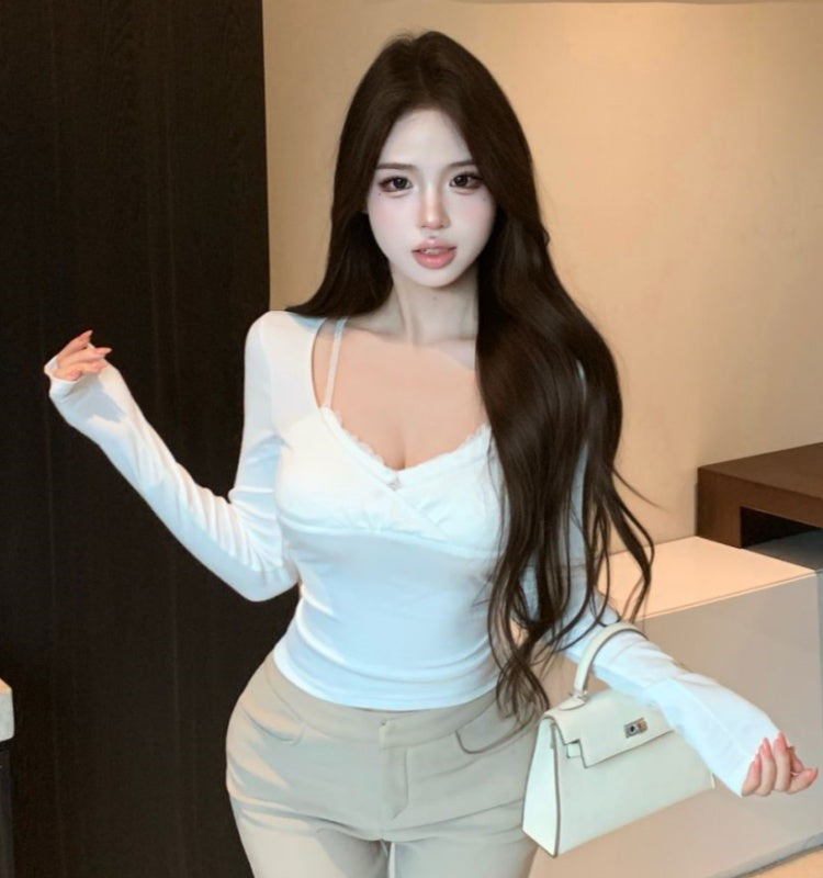 💕辣妹蕾絲拼接假兩件長袖上衣