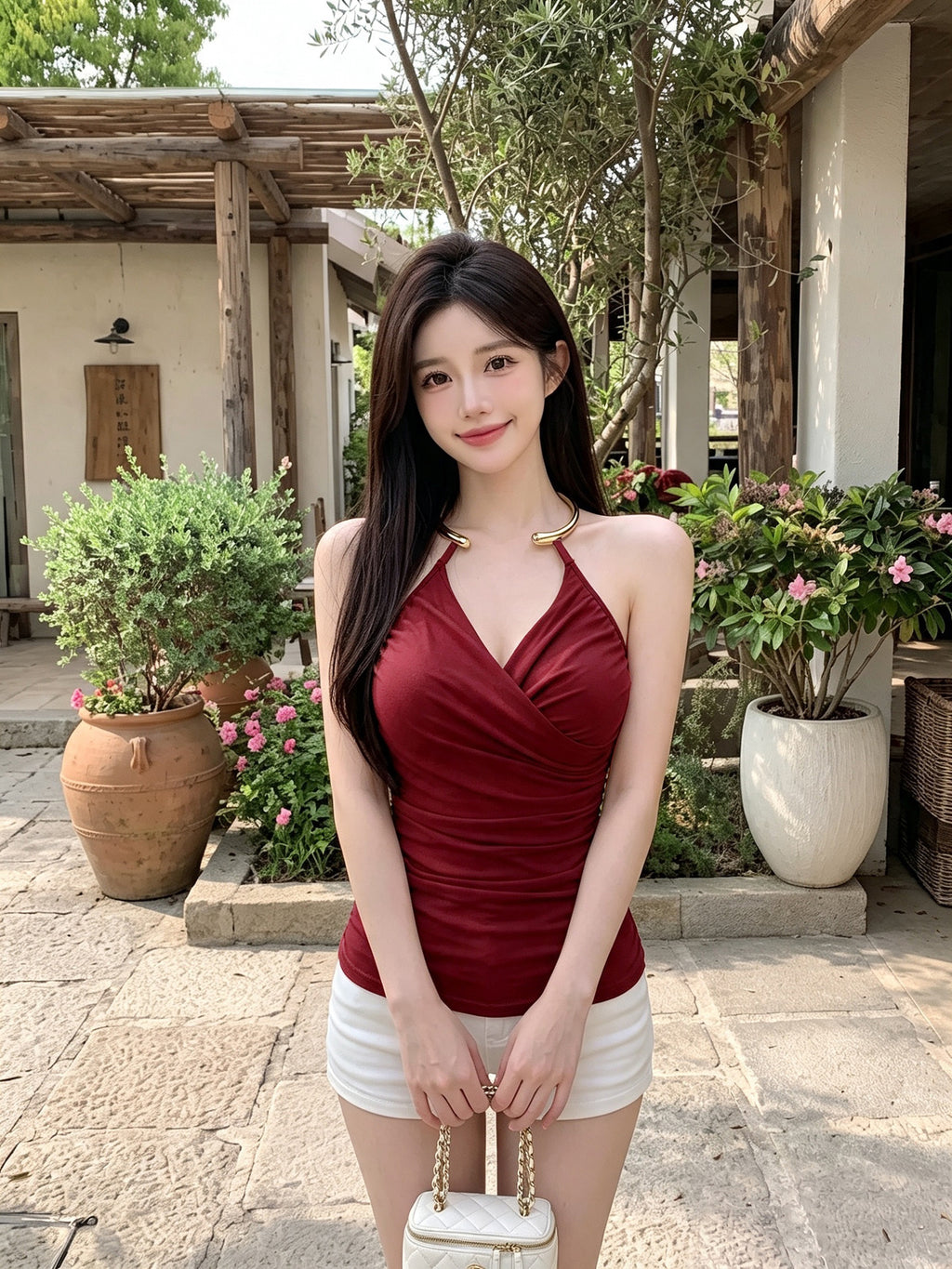 💕V領美背金屬掛脖帶胸墊上衣