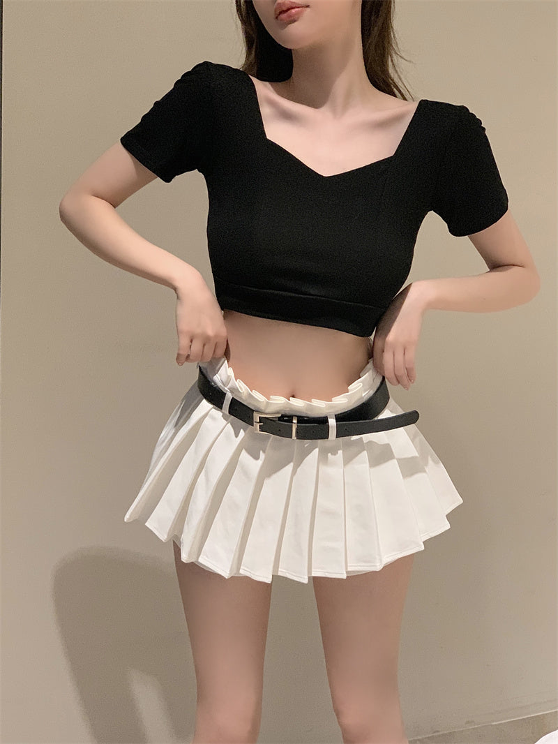 💕方領百搭露鎖骨顯瘦短版露臍上衣