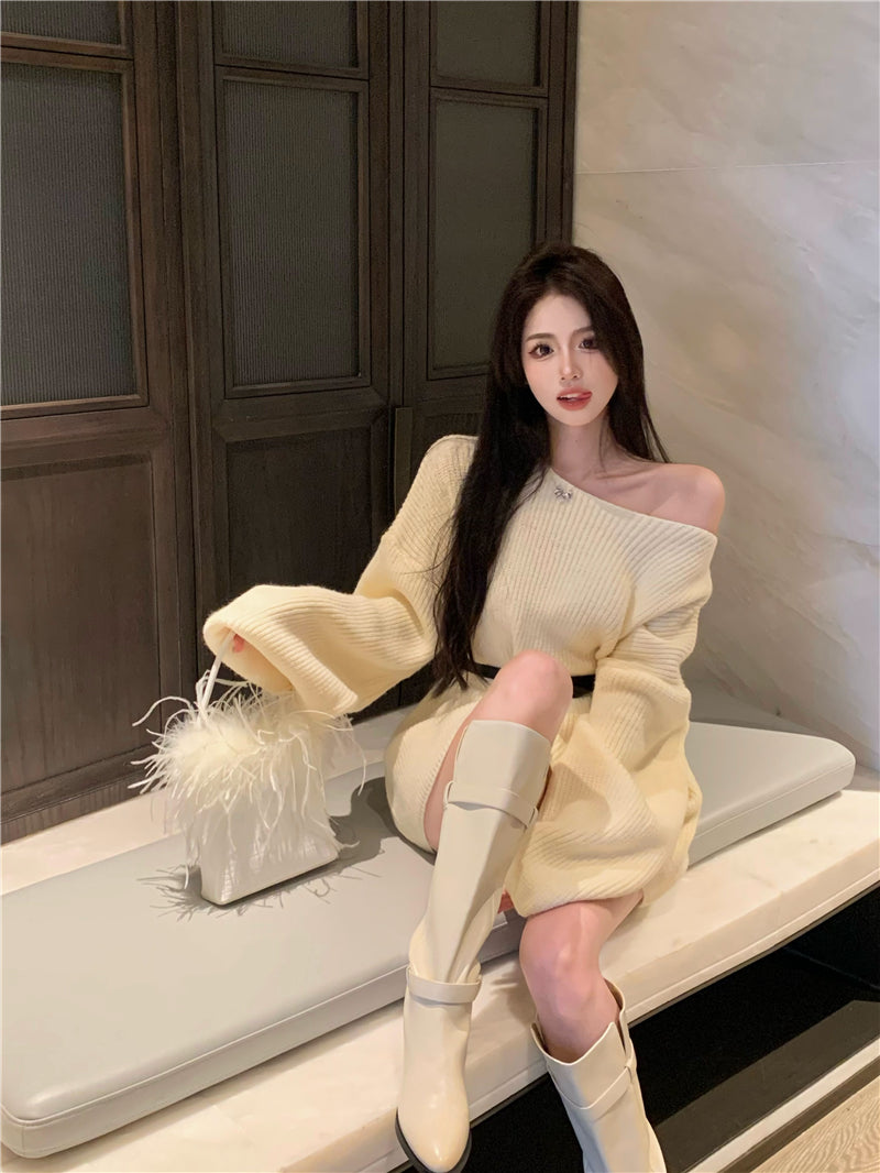 💕氣質甜美露肩針織寬鬆配腰帶連衣裙