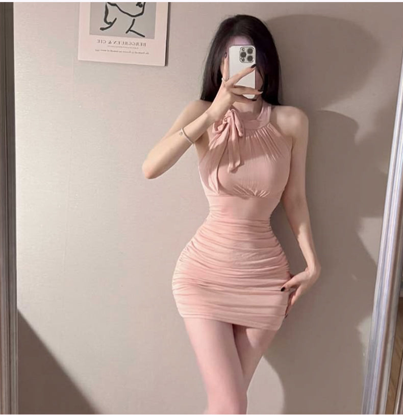 💕韓系輕熟掛脖無袖包臀連衣短裙