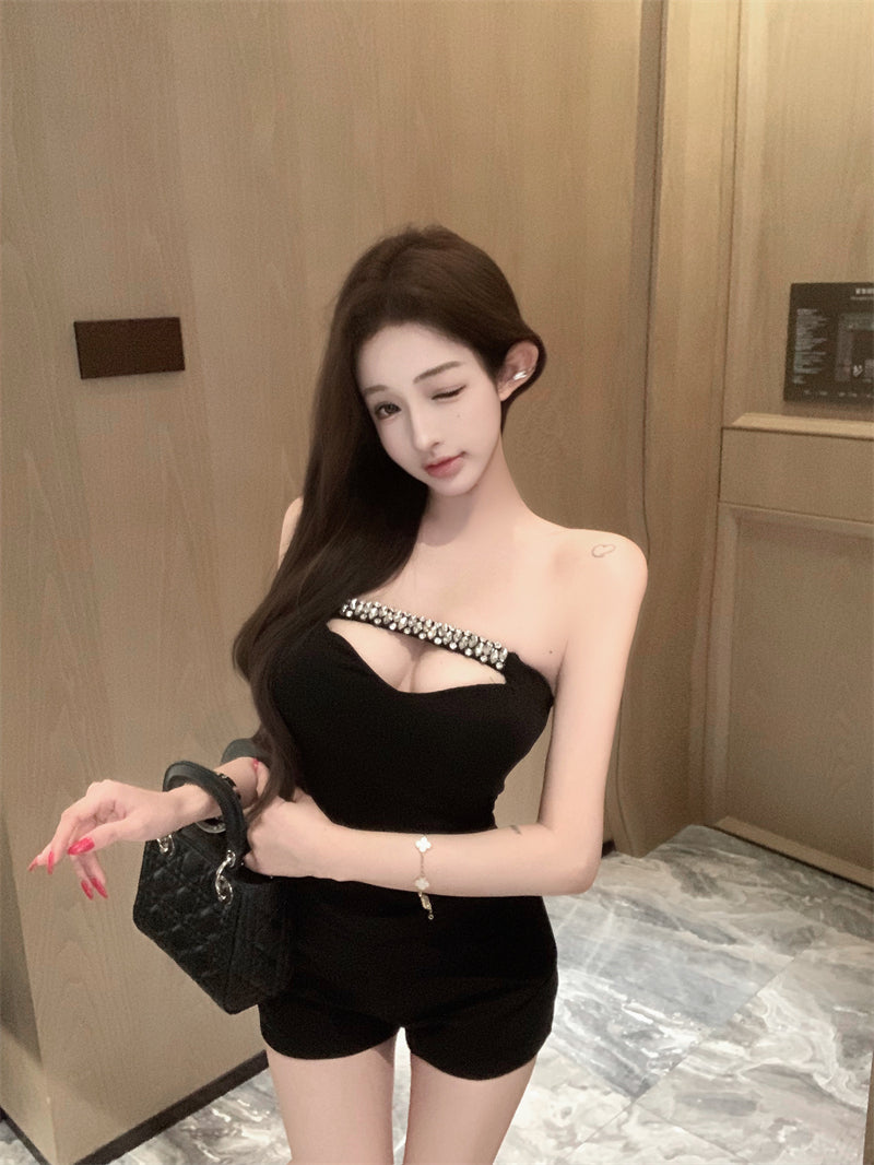 💕高級名媛風鑽鍊收腰顯瘦抹胸帶胸墊上衣