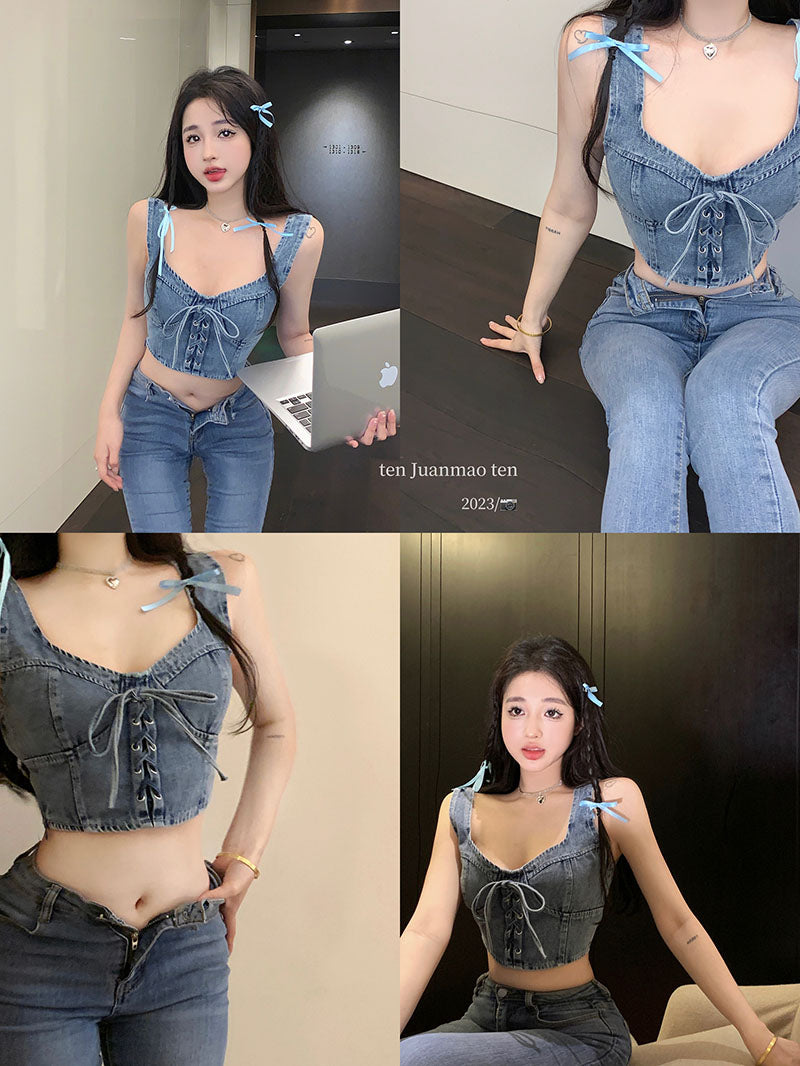 💕時尚辣妹綁帶牛仔背心