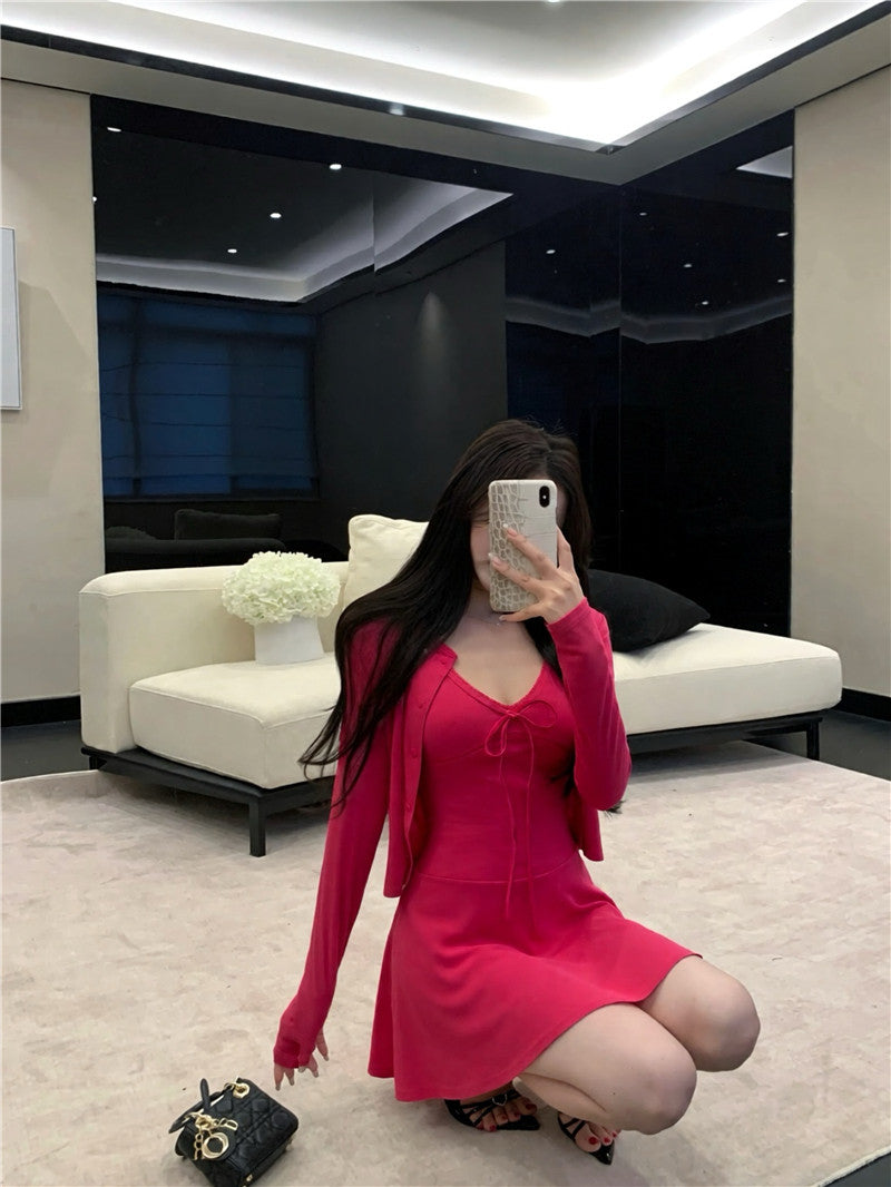 💕休閒氣質純色開衫收腰吊帶連衣裙兩件套