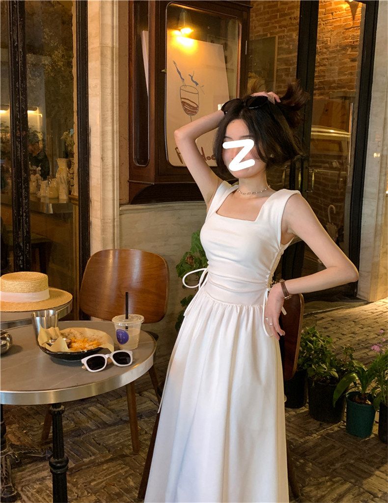 💕高級感法式白色收腰顯瘦吊帶連衣裙