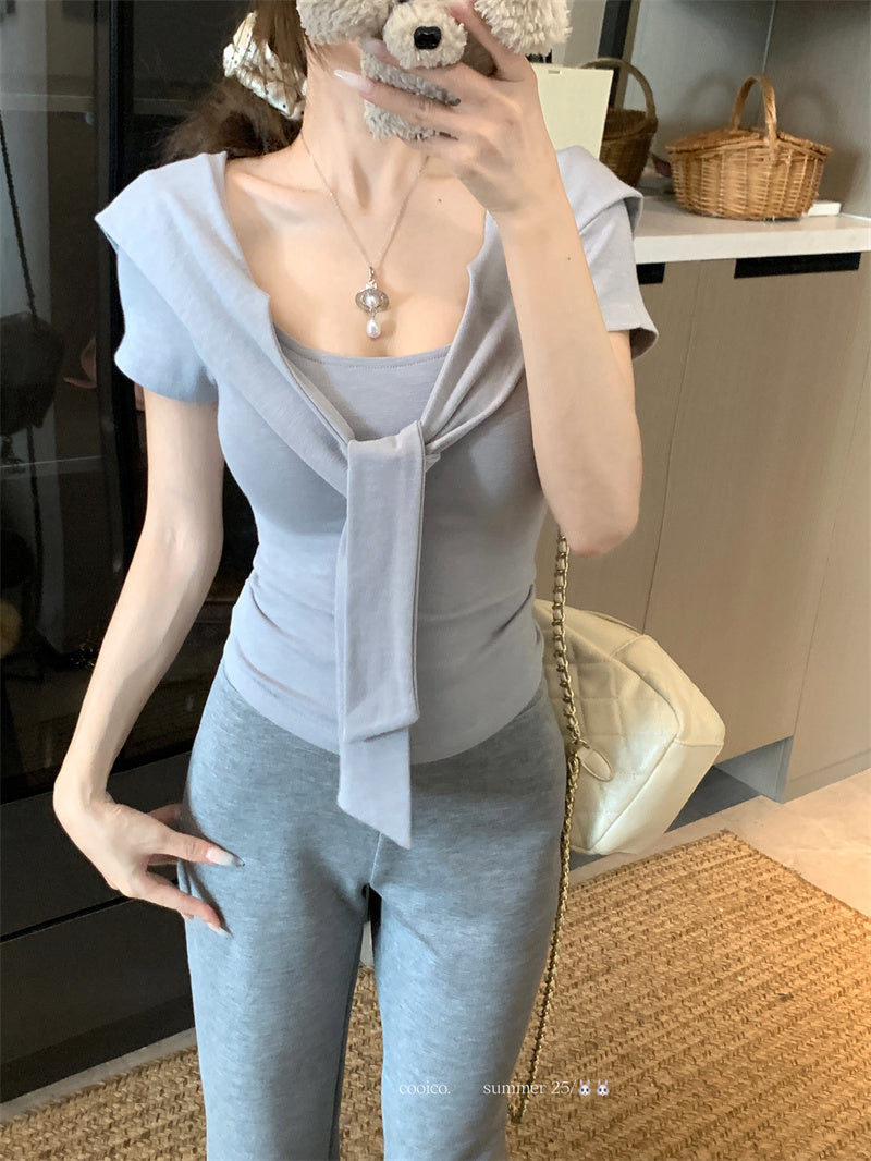 💕夏季綁帶方領短袖通勤百搭套裝