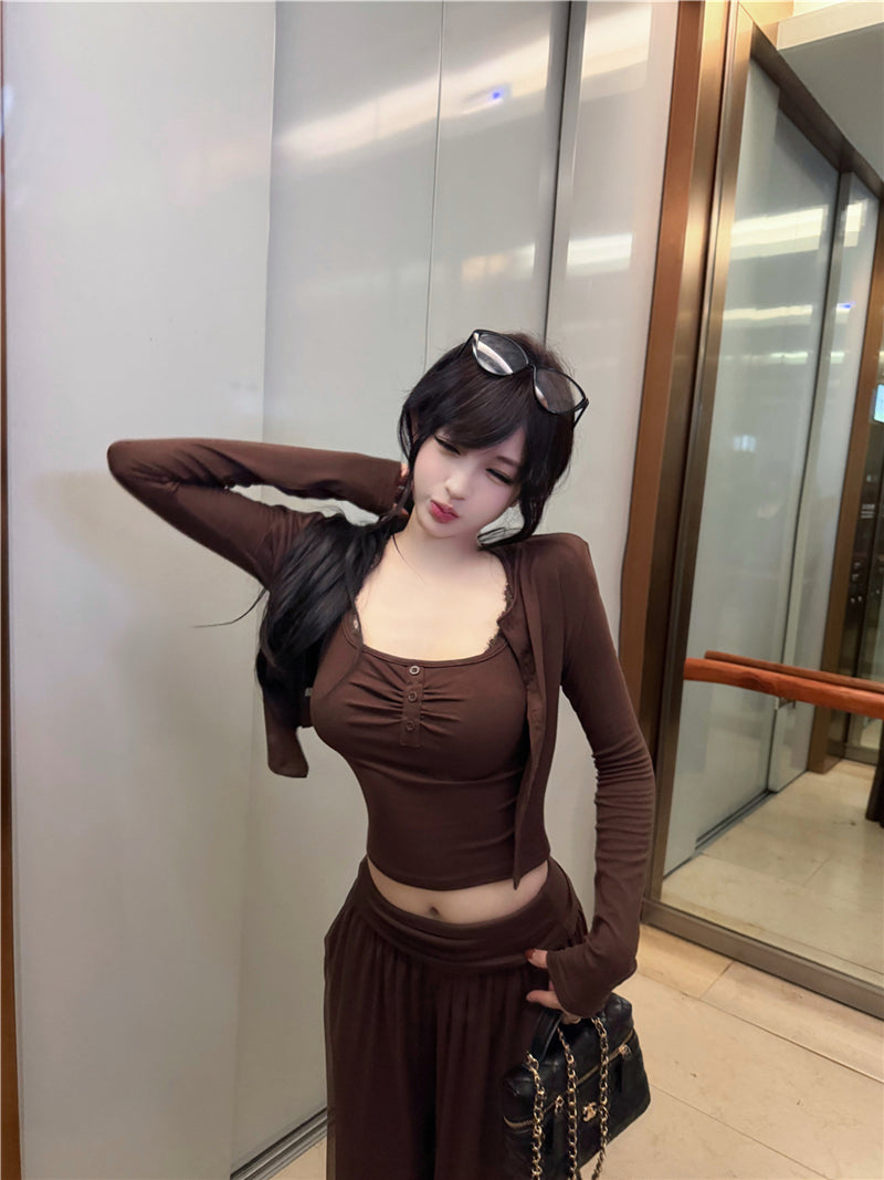 💕秋季復古性感蕾絲掛脖吊帶闊腿長褲套裝