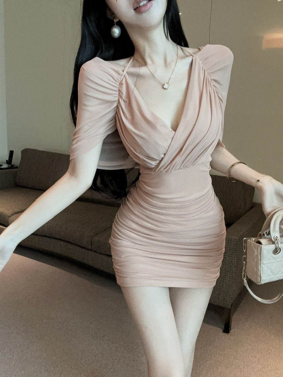 💕約會性感網紗綁帶包臀假兩件連身裙
