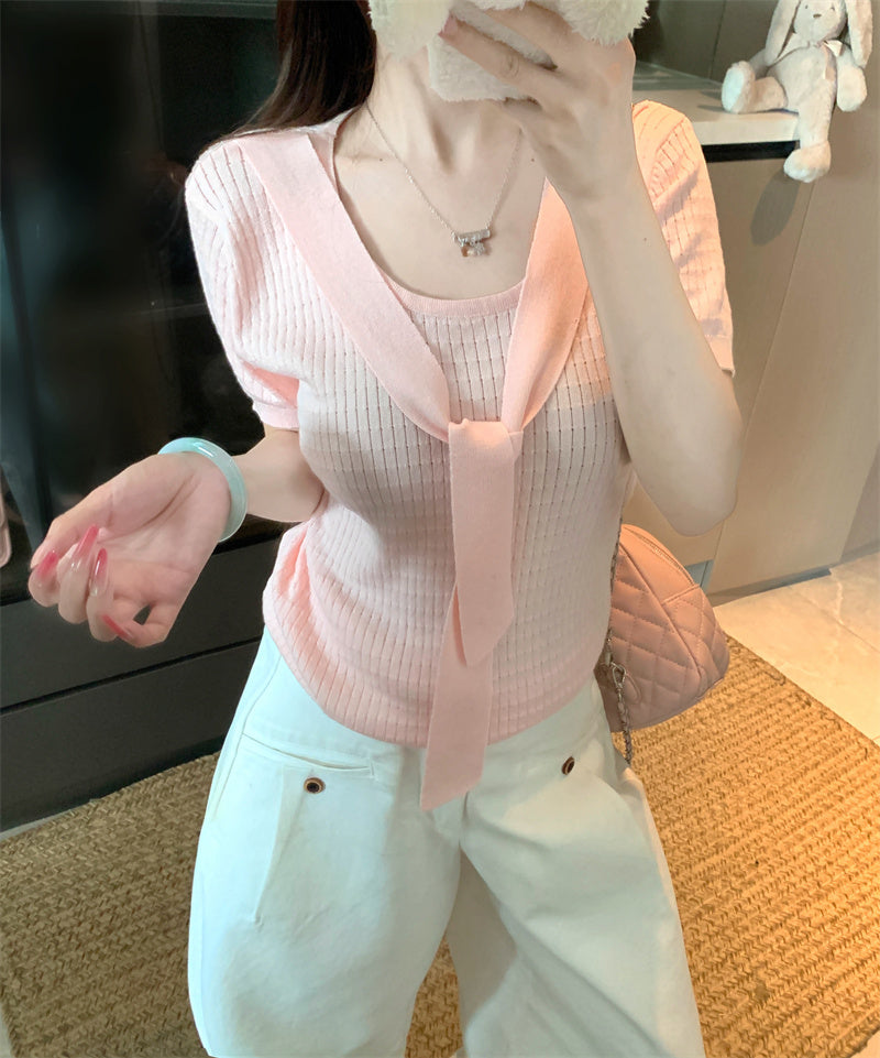 💕假兩件披肩針織海軍領修身上衣