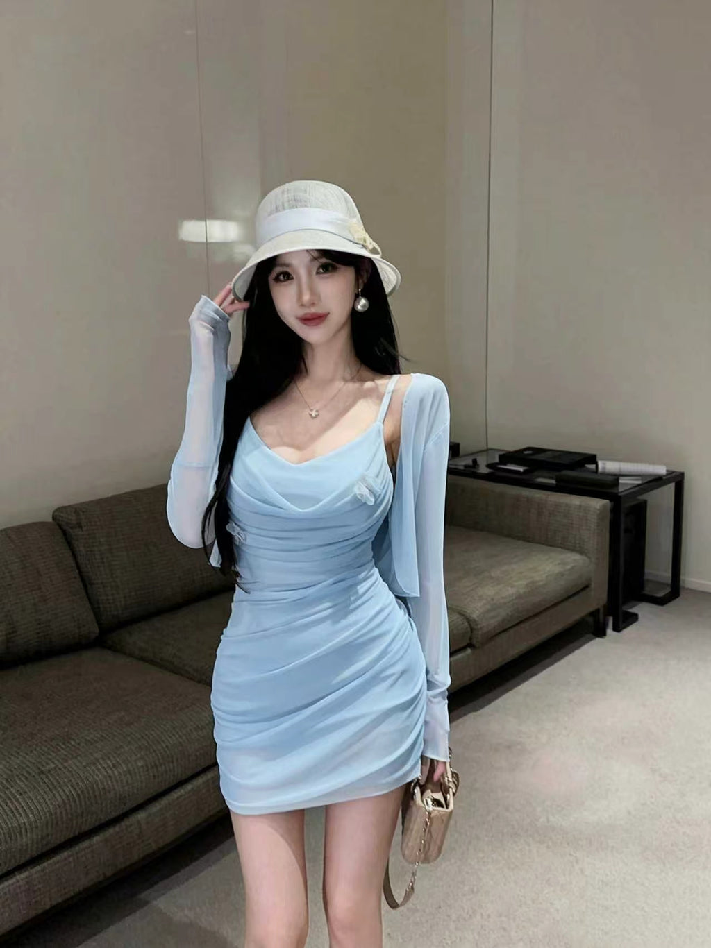 💕氣質盪領褶皺感網紗配薄外搭兩件套