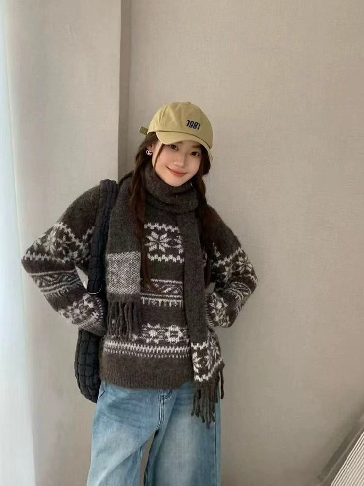 💕韓系圓領復古緹花拚色軟糯針織帶圍巾打底毛衣