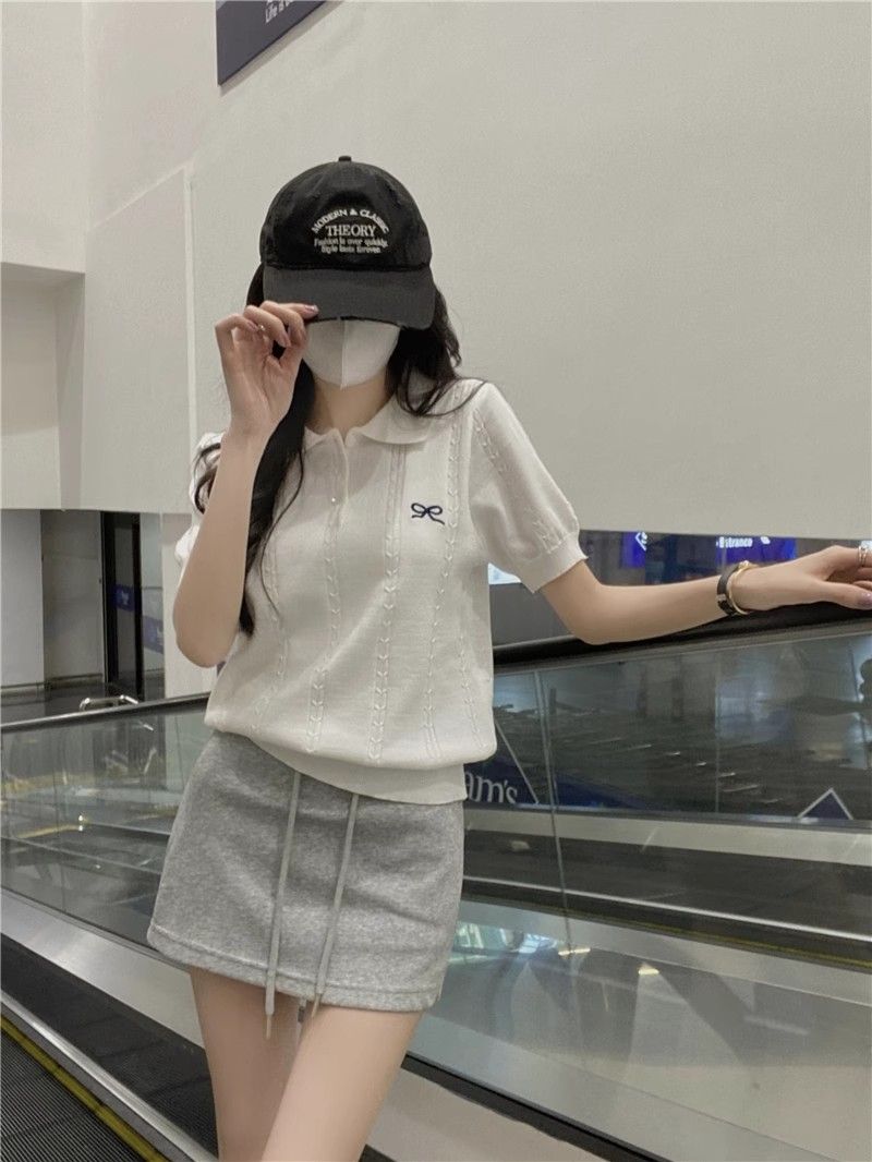 💕百搭甜美POLO領蝴蝶結刺繡針織衫