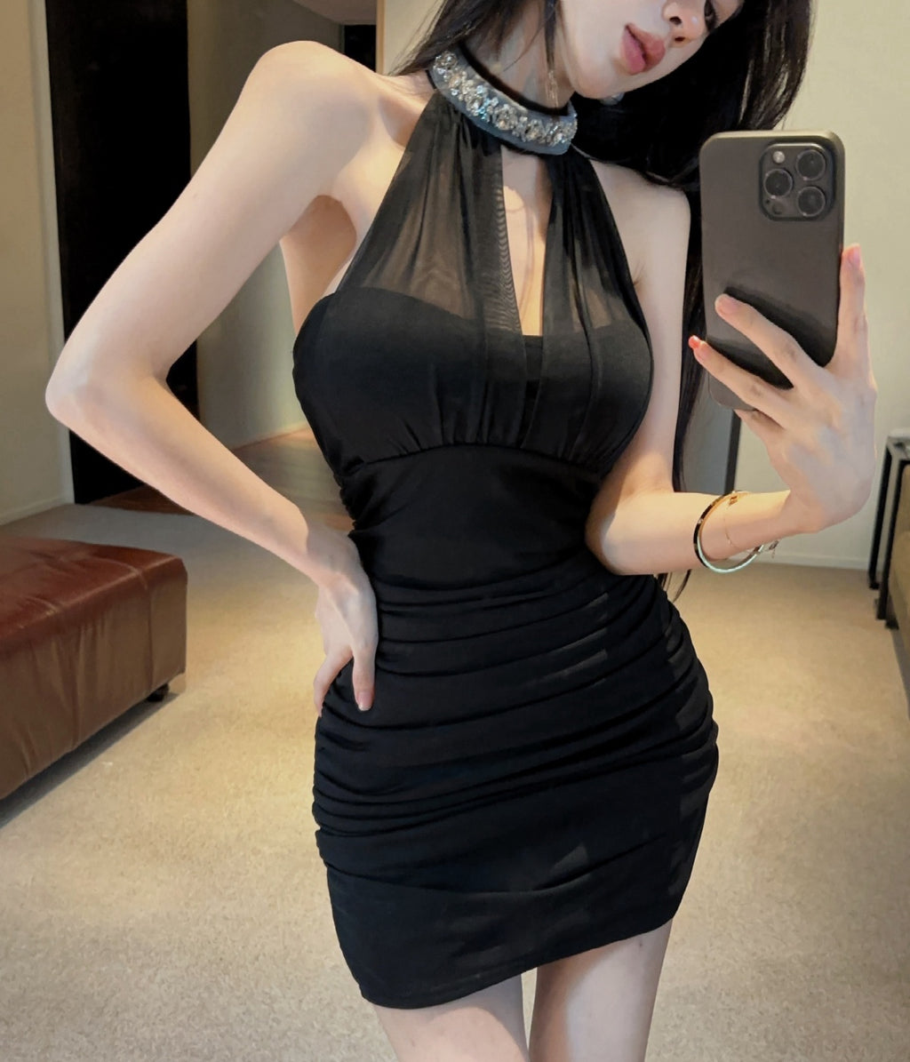 💕純御皺褶釘珠掛脖無袖包臀連身裙