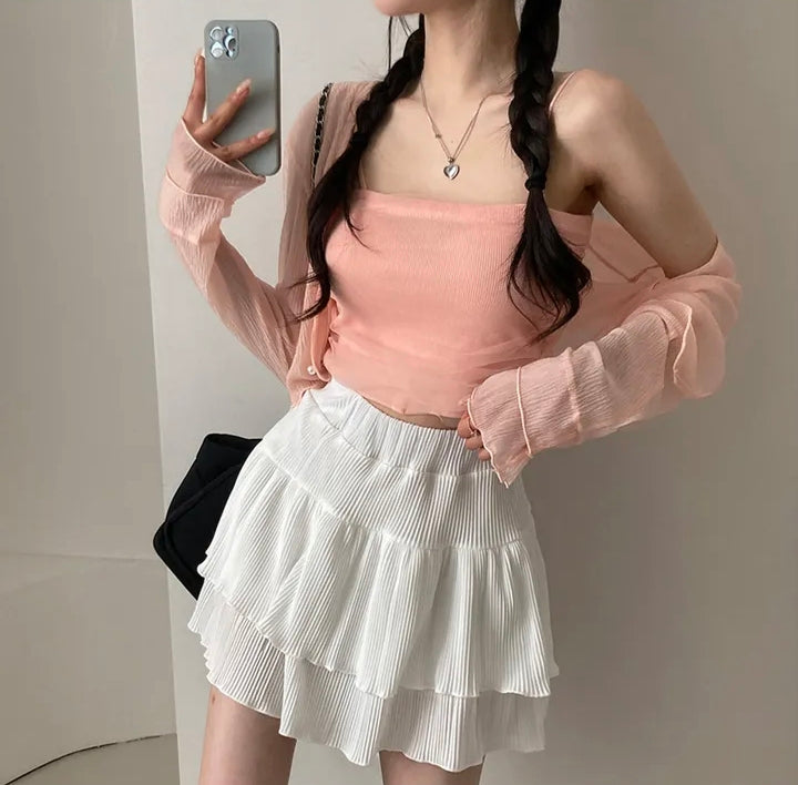💕春夏防曬長袖雪紡開衫+網紗拼接針織吊帶