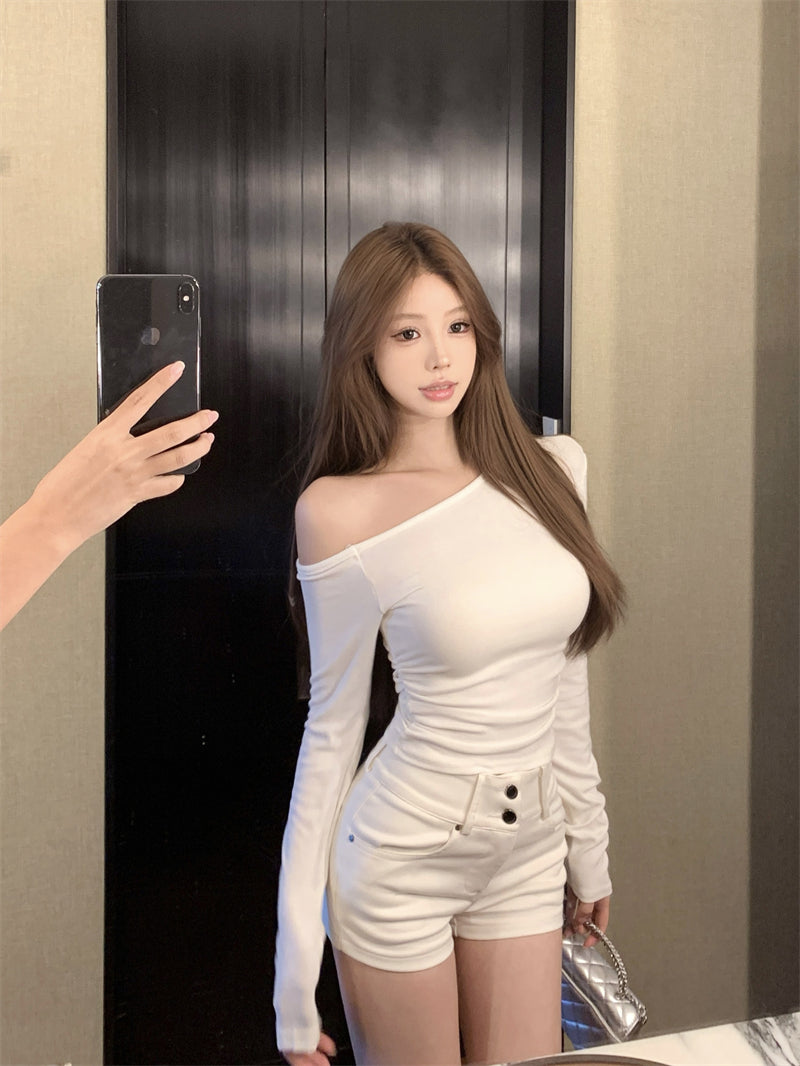 💕簡約通勤絕美基礎款斜肩磨毛上衣
