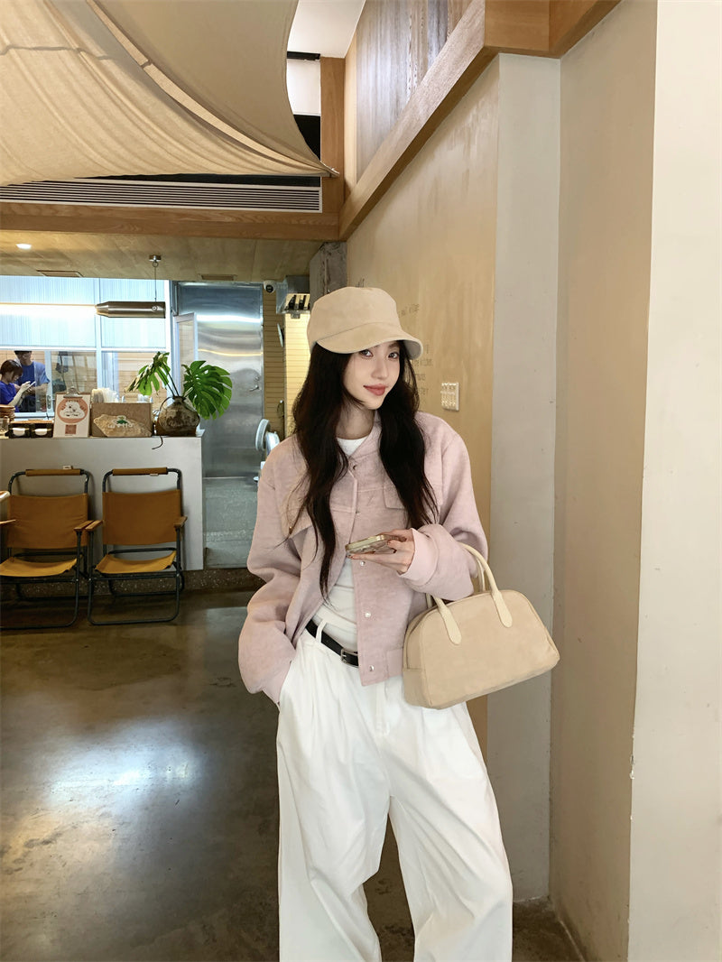 💕韓系通勤粉色棒球短款毛呢外套