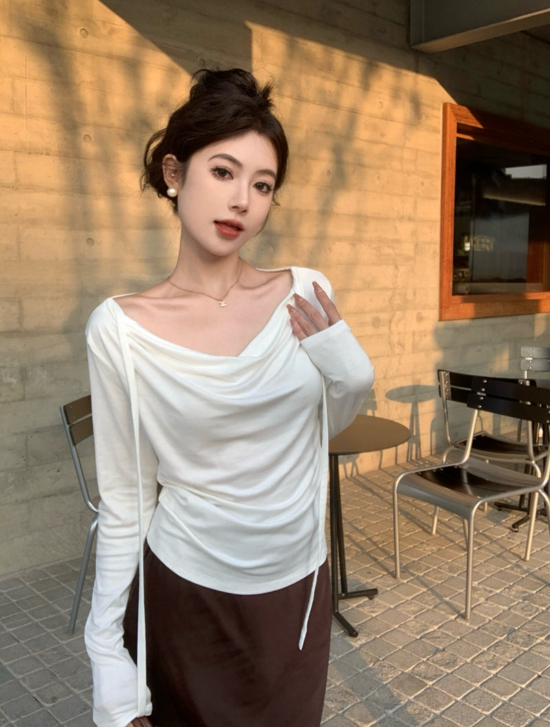 💕春夏甜美溫柔舒適盪領飄帶長袖上衣