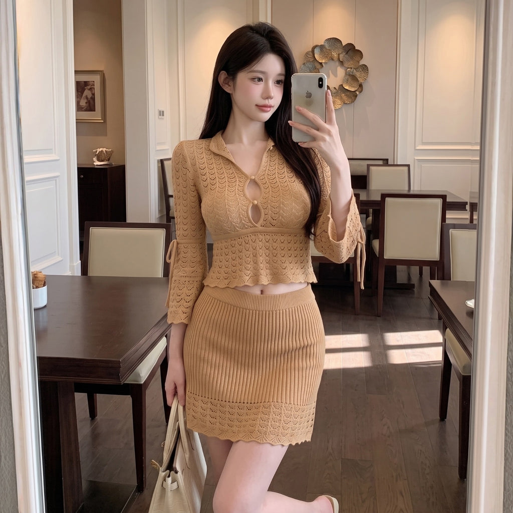 💕溫柔鏤空立領喇叭袖針織鉤花兩件套