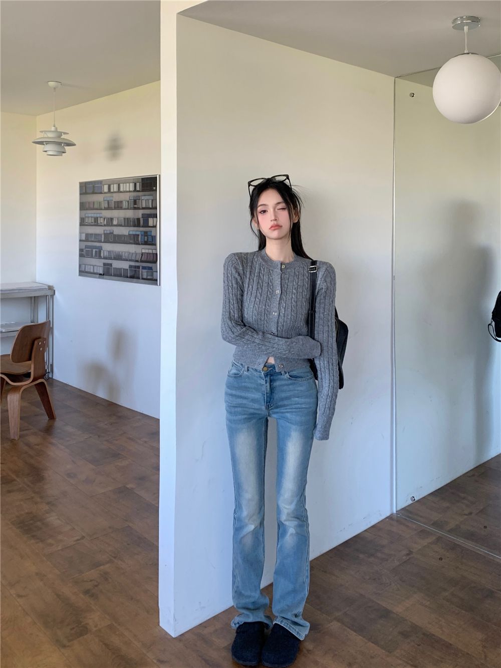 💕簡約休閒黑色短款麻花針織長袖上衣