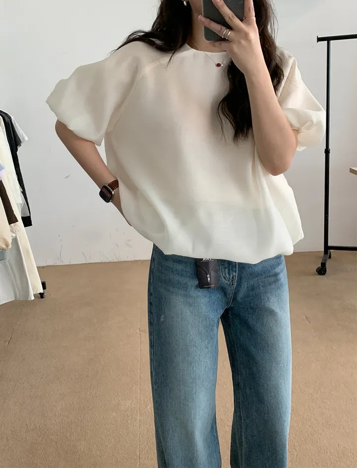 💕溫柔氣質簡約泡泡袖寬鬆顯瘦花苞衫上衣