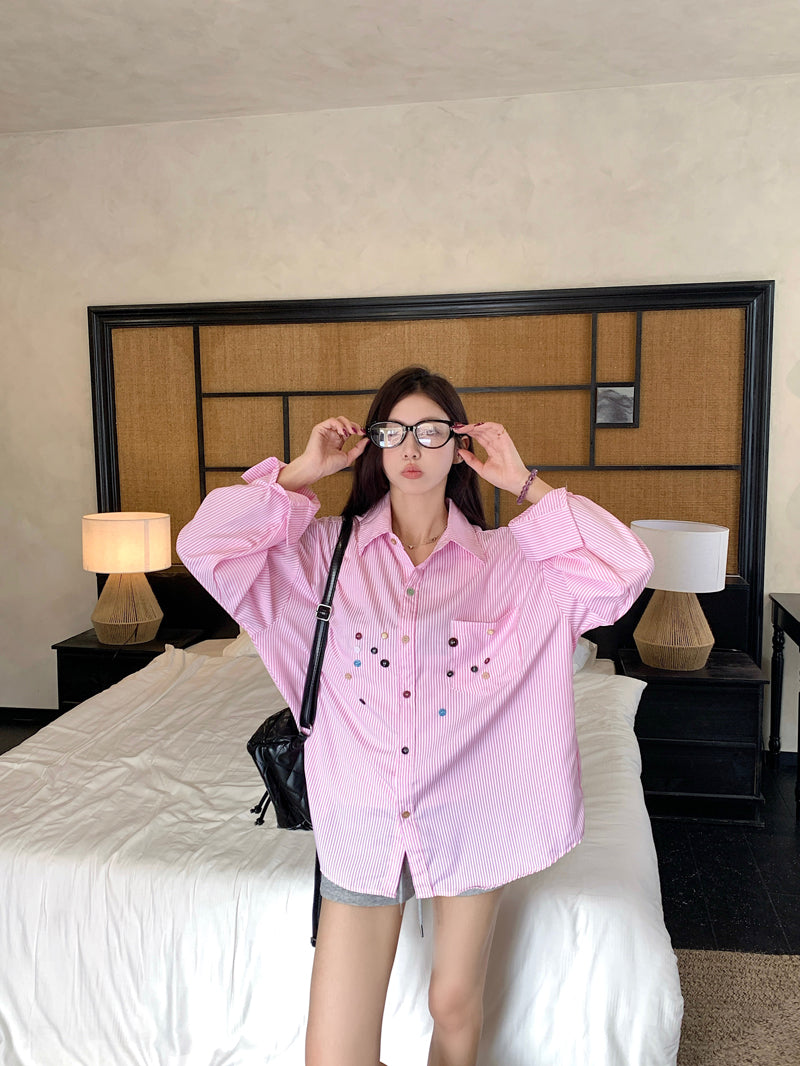 💕青春寬鬆百搭別緻彩色鈕扣條紋襯衫
