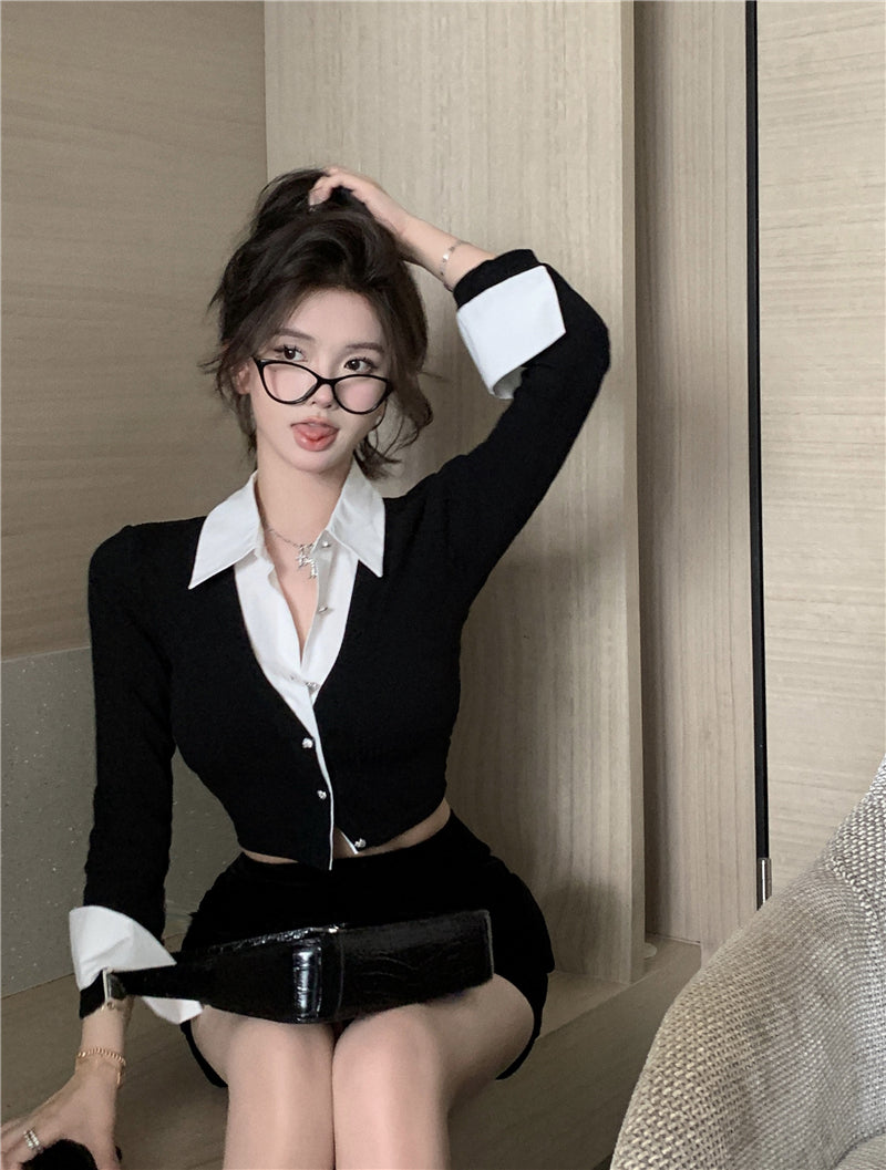 💕純御辣妹修身短款黑色假兩件長袖襯衫