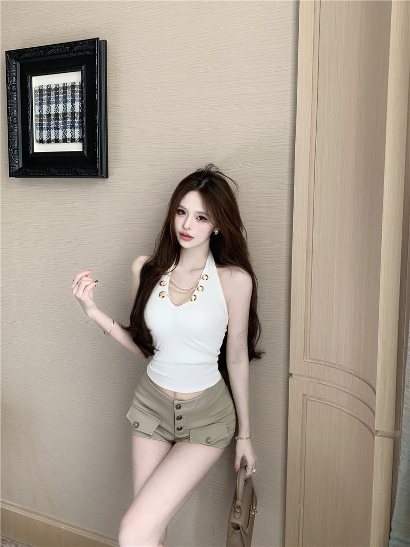 💕V領掛脖吊帶短版絕美上衣
