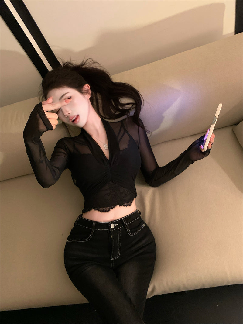 💕性感微透網紗長袖V領蕾絲吊帶內搭上衣兩件套