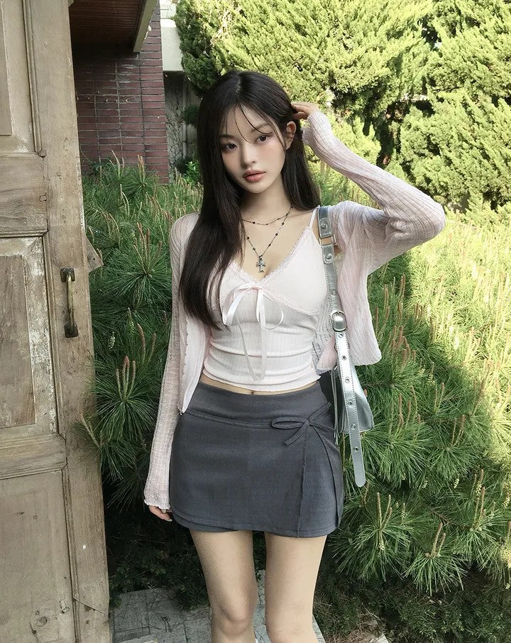 💕溫柔蝴蝶結別緻開衩半身高腰包臀短裙