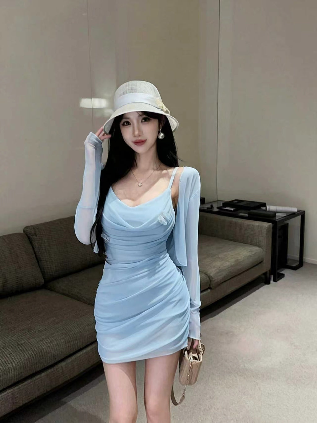 💕甜美性感褶皺修身吊帶連衣裙+開衫