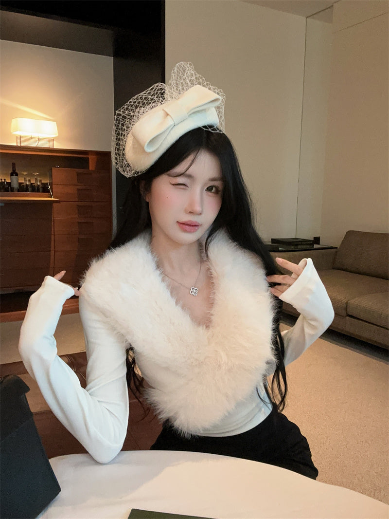 💕純欲辣妹毛領拼接V領長袖修身上衣