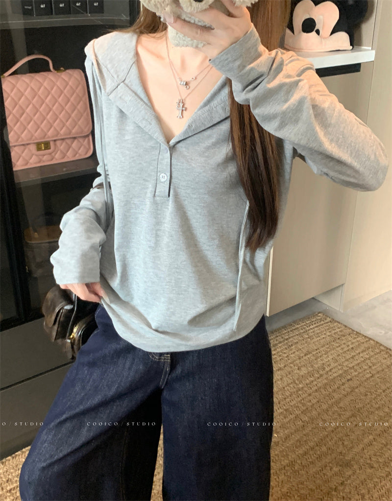 💕早秋鬆弛感鈕扣連帽長袖上衣