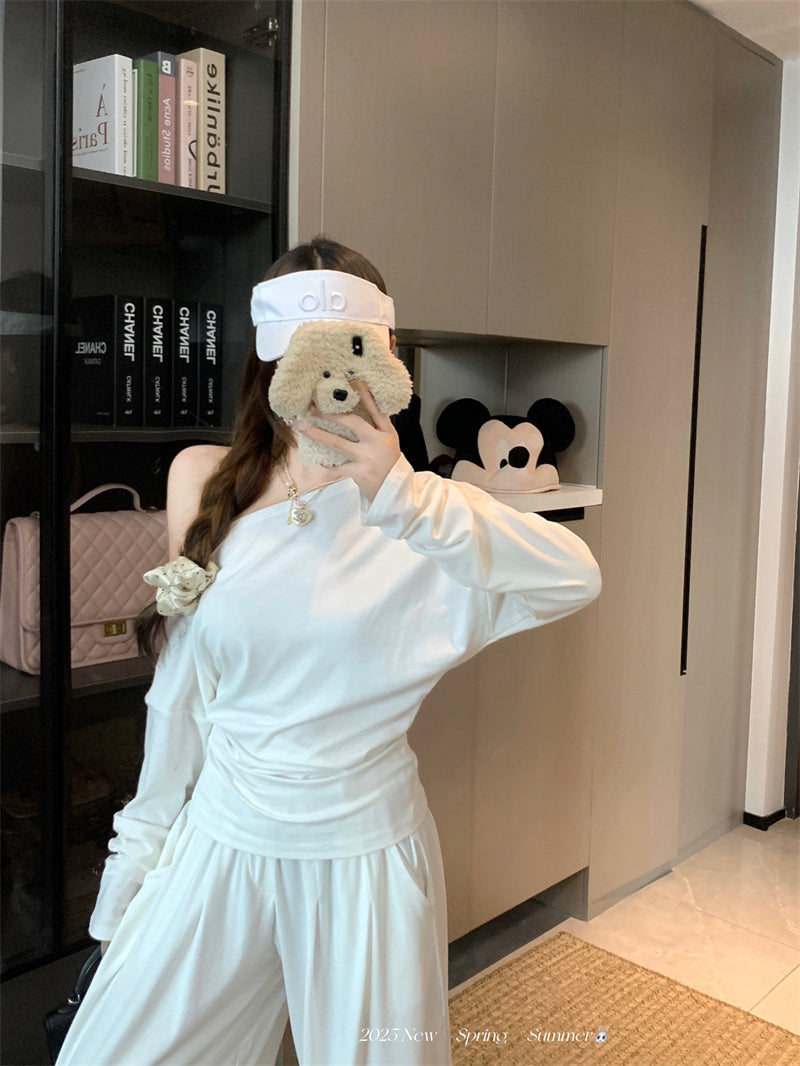 💕純御高彈斜肩長袖闊腿休閒褲套裝