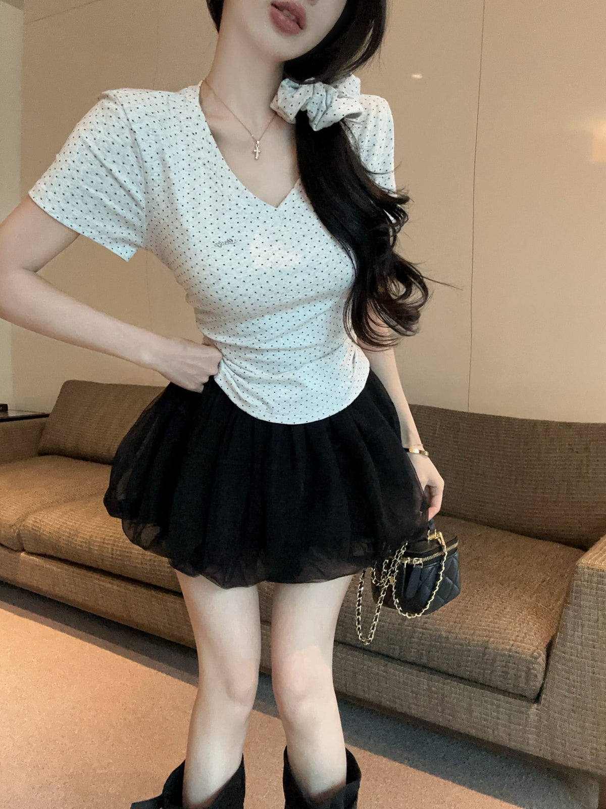 💕氣質星星點點V領短袖上衣