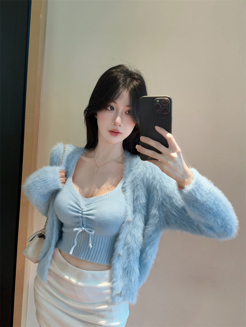 💕法式仿貂毛V領針織吊帶兩件套