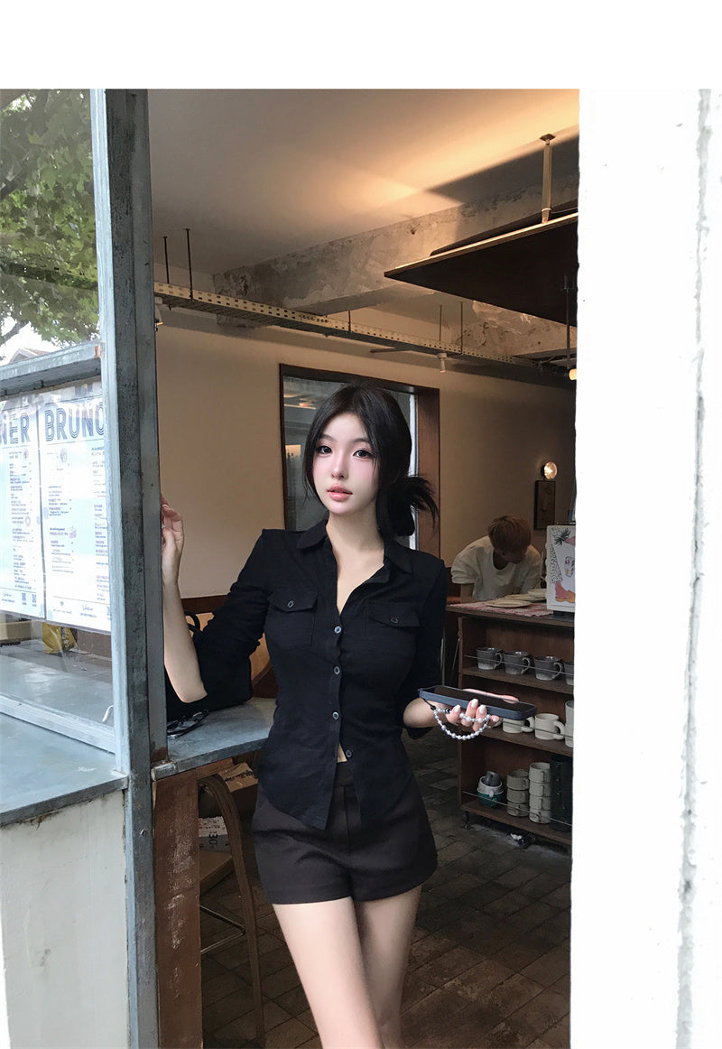 💕氣質翻領長袖收腰鈕扣襯衫