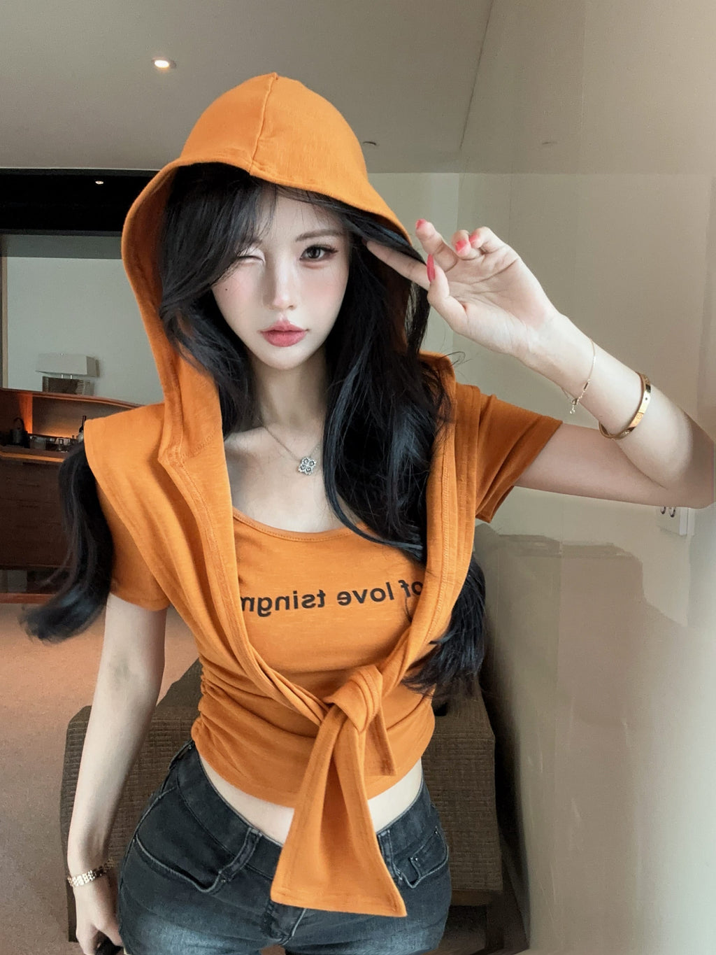 💕夏季時尚百搭圓領連帽披肩兩件套