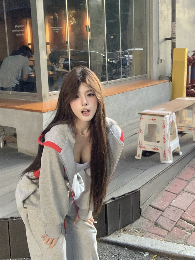 💕韓系個性設計感灰色長袖顯瘦休閒褲套裝