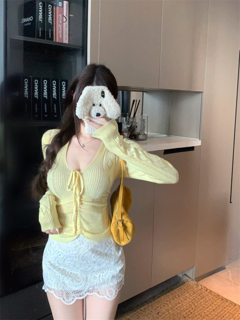 💕百搭簡約蝴蝶結系帶V領長袖針織顯瘦上衣