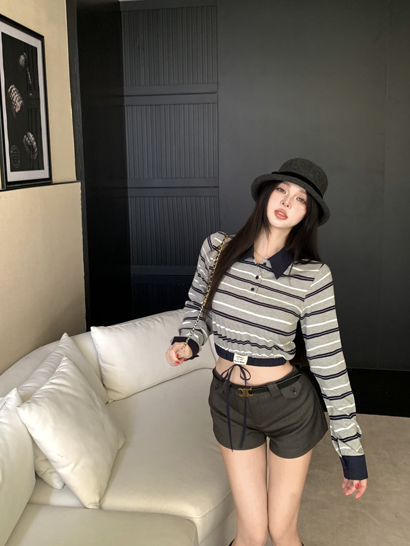 💕復古時尚撞色條紋拼接POLO長袖上衣